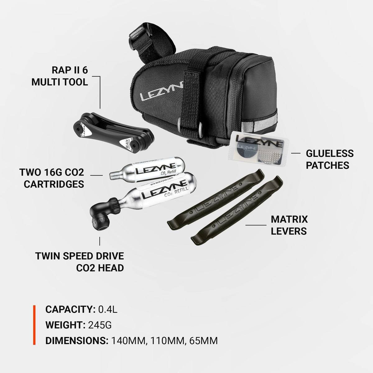 LEZYNE Caddy zadeltas zwart met CO2-set