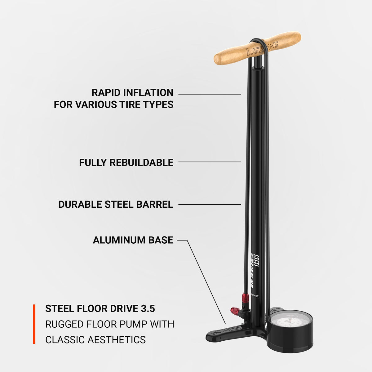 Pompe à Pied LEZYNE STEEL FLOOR DRIVE 3.5 Noir