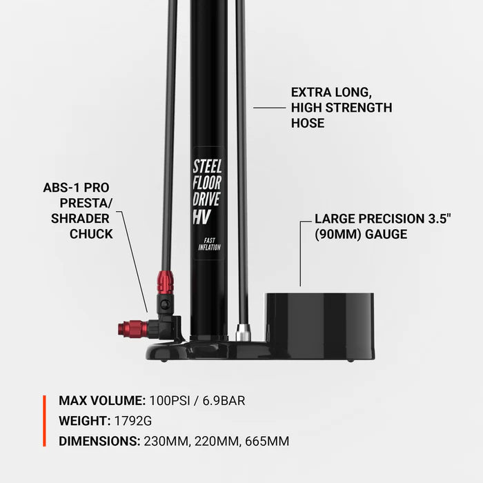 Pompe à Pied LEZYNE STEEL FLOOR DRIVE 3.5 HV Noir