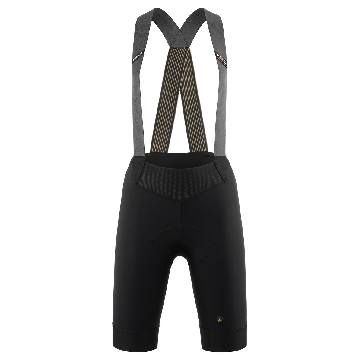 Korte ASSOS UMA GTV C2 EVO fietsbroek met bretels voor dames, zwart — witte achtergrond, 2000 x 2000