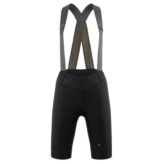 Korte ASSOS UMA GTV C2 EVO fietsbroek met bretels voor dames, zwart — witte achtergrond, 2000 x 2000