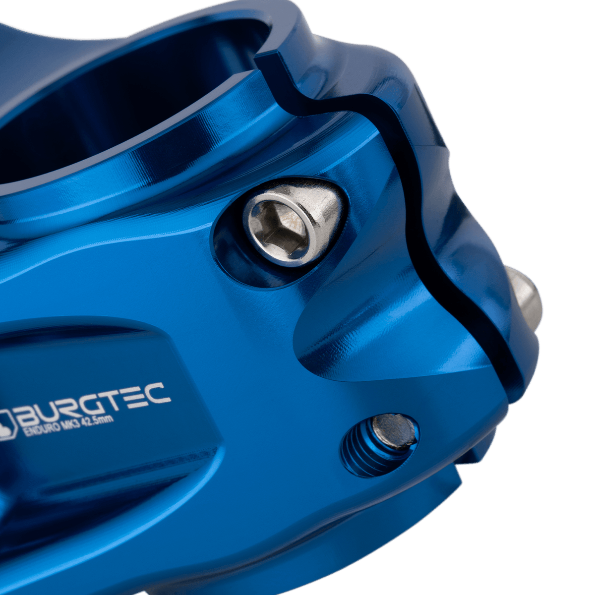 Potence BURGTEC ENDURO MK3 Bleu — détail du serrage du pivot