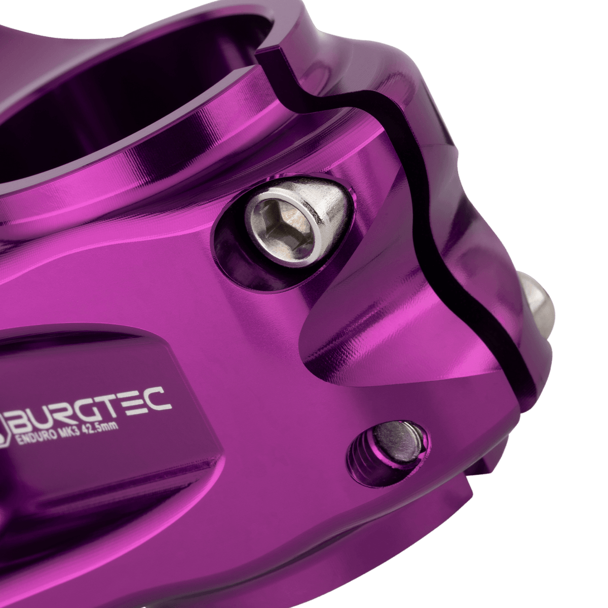 BURGTEC ENDURO MK3 stuurpen paars — detail van de klemming op de vorkbuis