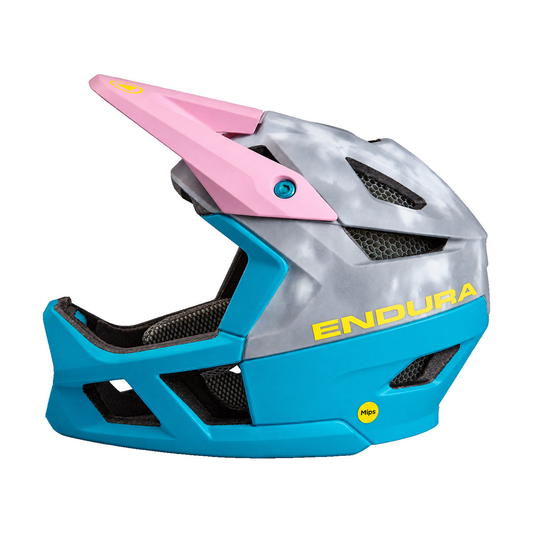 ENDURA MT500 INTEGRAL MIPS MTB-helm grijs/blauw 2026 — driekwartaanzicht op witte achtergrond