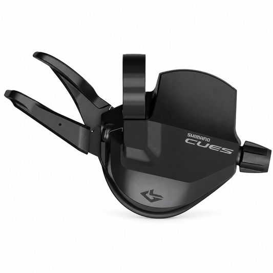 Rechter SHIMANO CUES 10-speed schakelhendel SL-U6050 Short Reach met versnellingsindicator — product op witte achtergrond