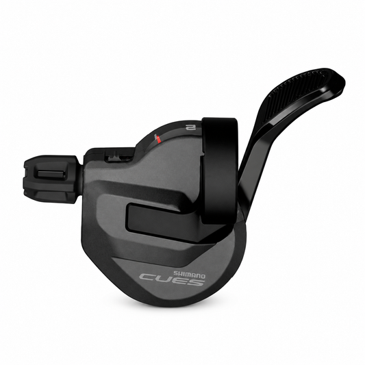 Linker SHIMANO CUES 2-speed shifter SL-U8000-L met versnellingsindicator — productaanzicht op witte achtergrond