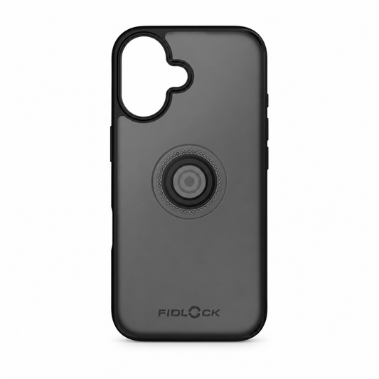 Zwart FIDLOCK VACUUM-hoesje voor iPhone 16 — product op een witte achtergrond