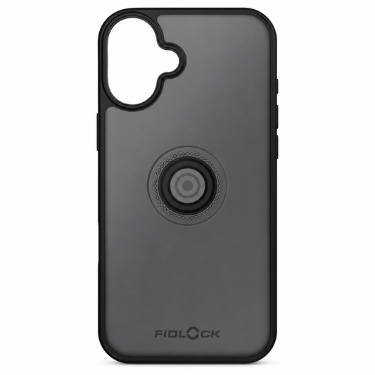 Zwart FIDLOCK VACUUM-hoesje voor iPhone 16+ — product op een witte achtergrond