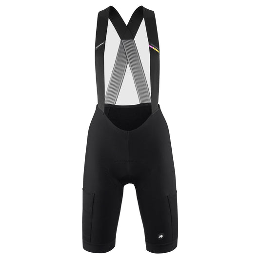 Korte fietsbroek met bretels ASSOS TACTICA SPRING FALL T5 voor dames, zwart — witte achtergrond, 2000 x 2000