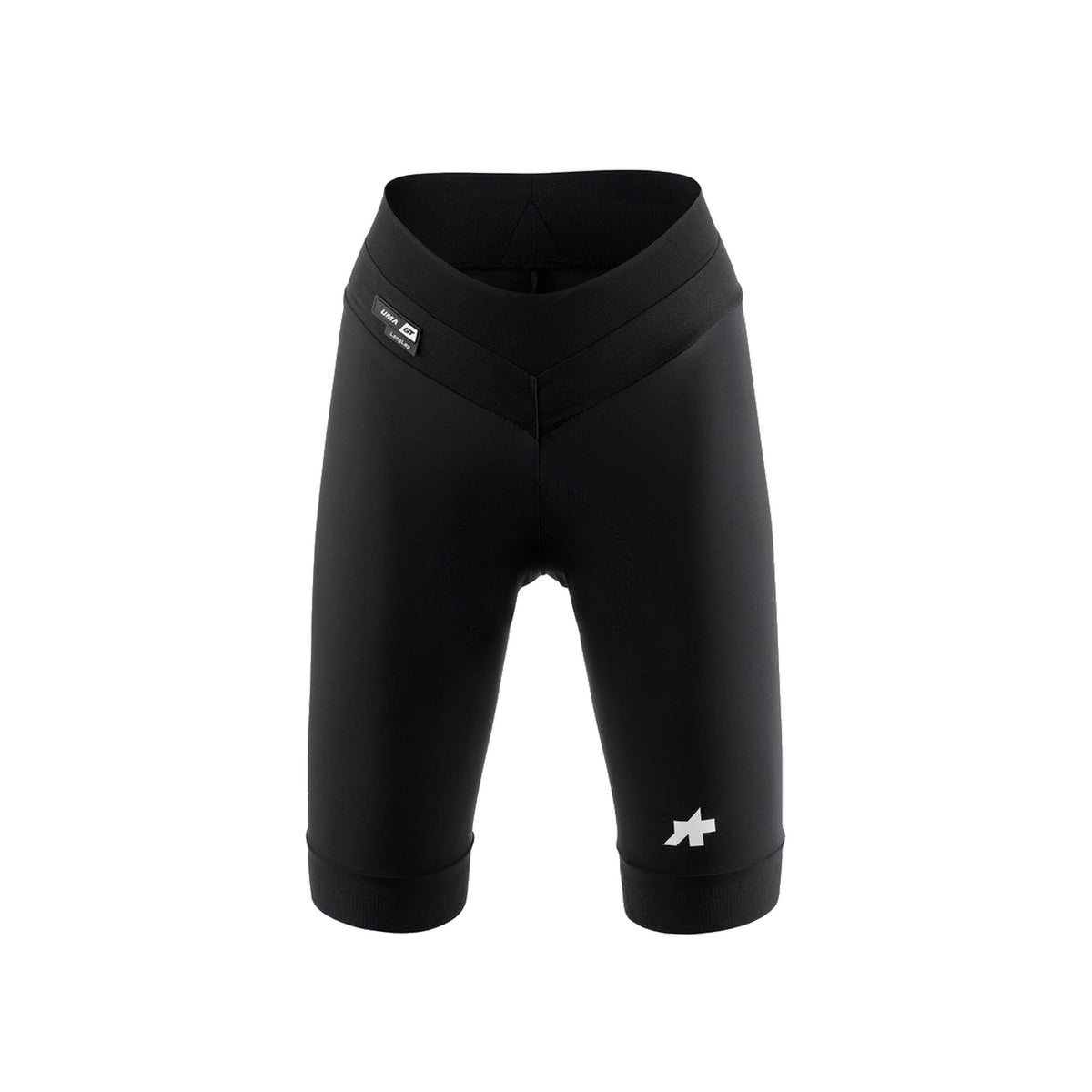 Korte fietsbroek ASSOS UMA GT HALF S11 LONG voor dames, zwart — witte achtergrond, 2000 x 2000