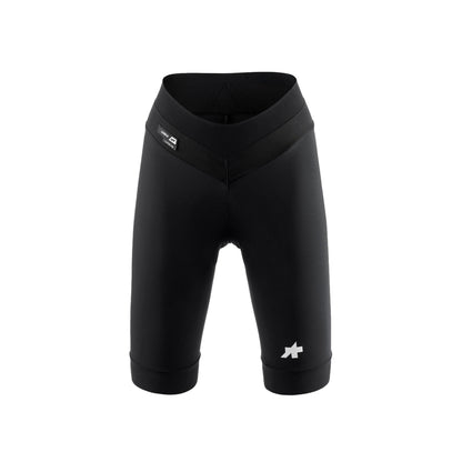 Korte fietsbroek ASSOS UMA GT HALF S11 LONG voor dames, zwart — witte achtergrond, 2000 x 2000