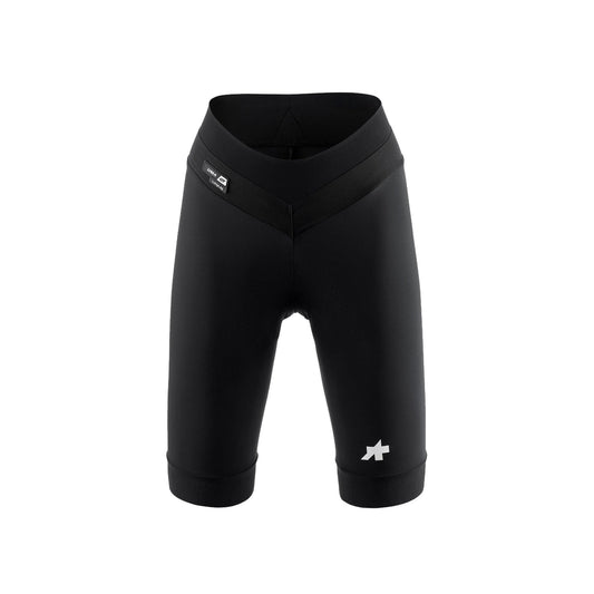 Korte fietsbroek ASSOS UMA GT HALF S11 LONG voor dames, zwart — witte achtergrond, 2000 x 2000