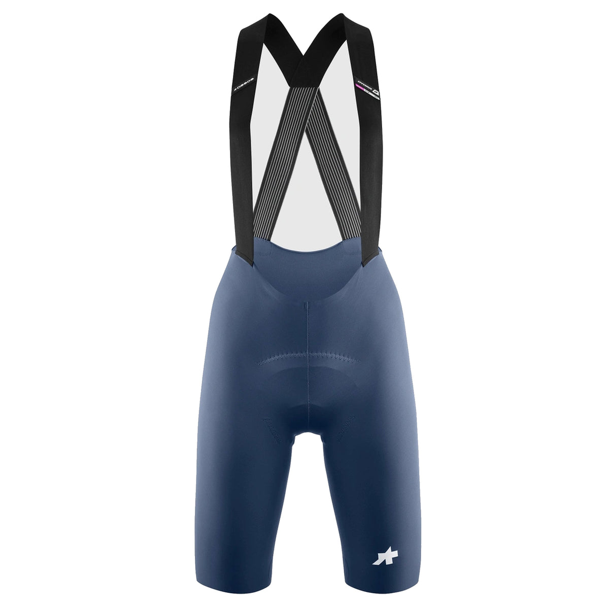 Korte fietsbroek met bretels ASSOS DYORA R S11 voor dames, blauw — witte achtergrond, 2000 x 2000