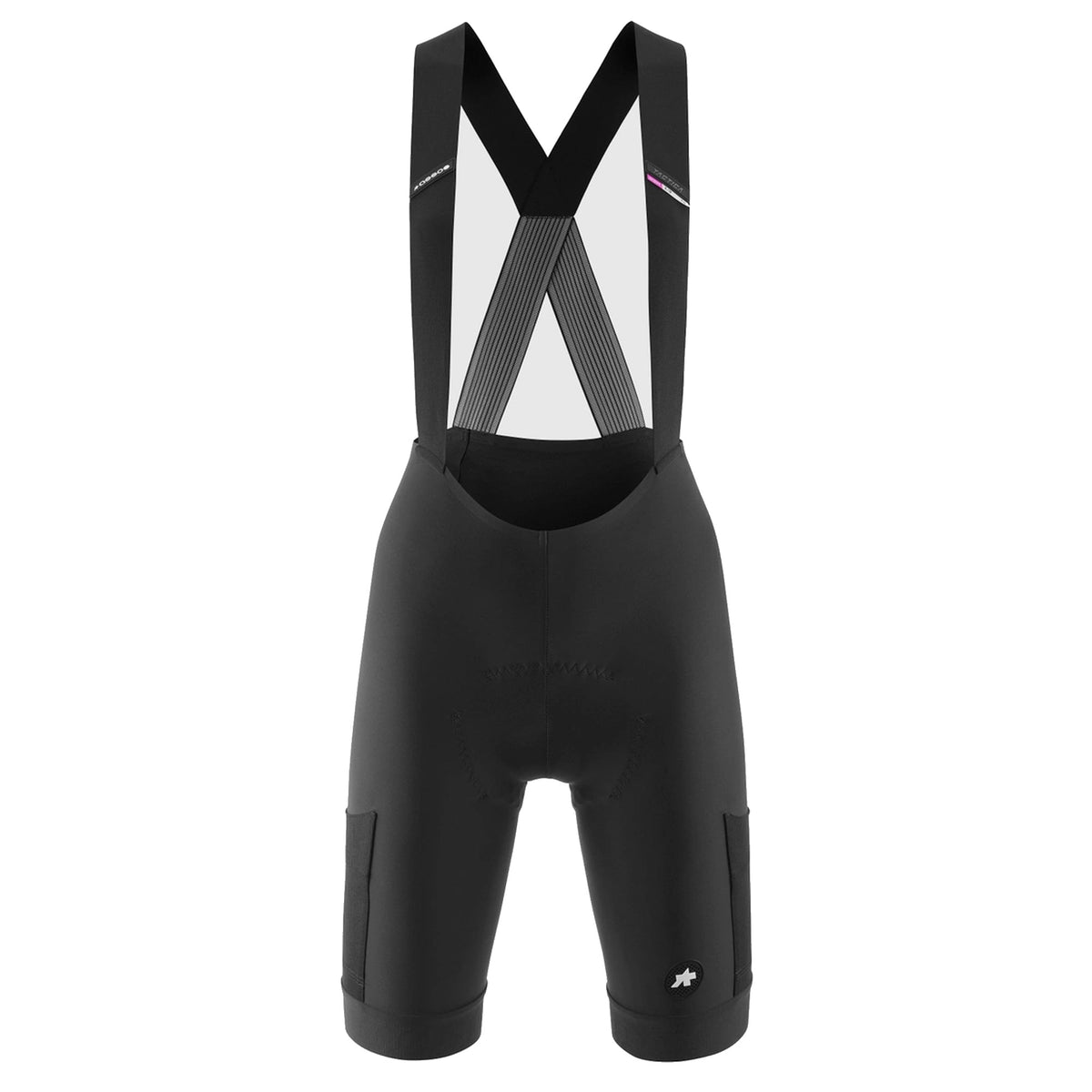 Korte fietsbroek met bretels voor dames ASSOS TACTICA KIESKAFER T5 GRAVEL zwart — witte achtergrond, 2000 x 2000