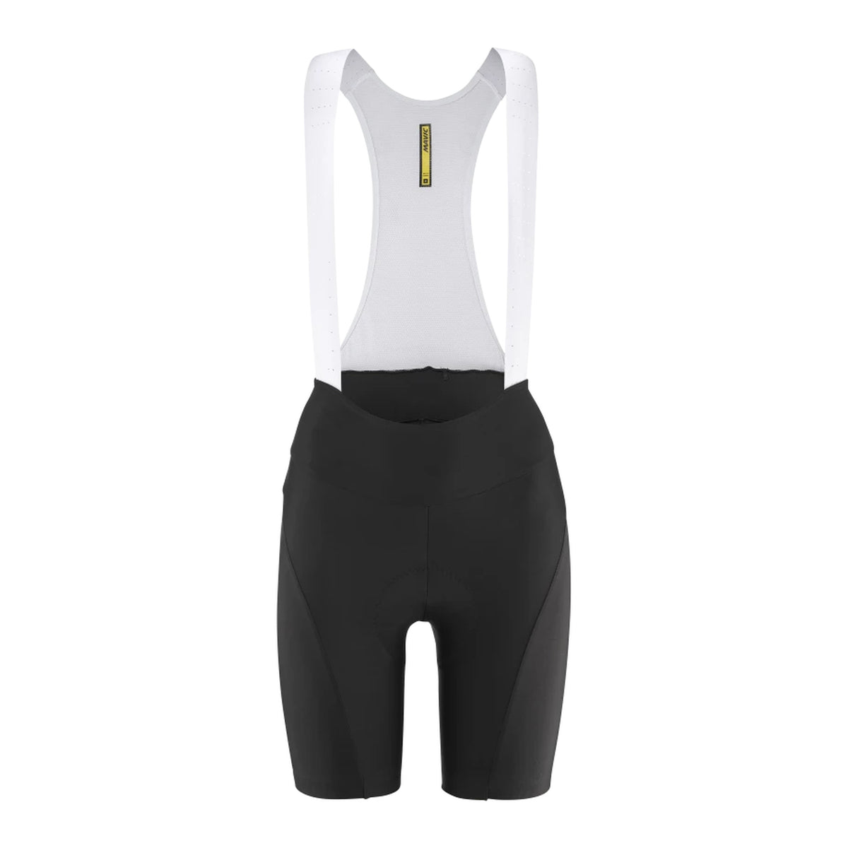 Korte fietsbroek met bretels MAVIC AKSIUM voor dames, zwart — witte achtergrond, 2000 x 2000