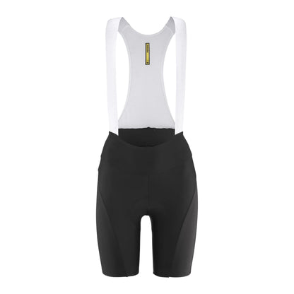 Korte fietsbroek met bretels MAVIC AKSIUM voor dames, zwart — witte achtergrond, 2000 x 2000