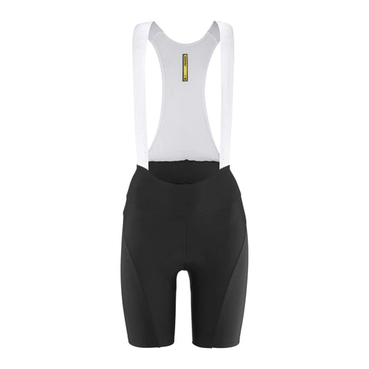 Korte fietsbroek met bretels MAVIC AKSIUM voor dames, zwart — witte achtergrond, 2000 x 2000