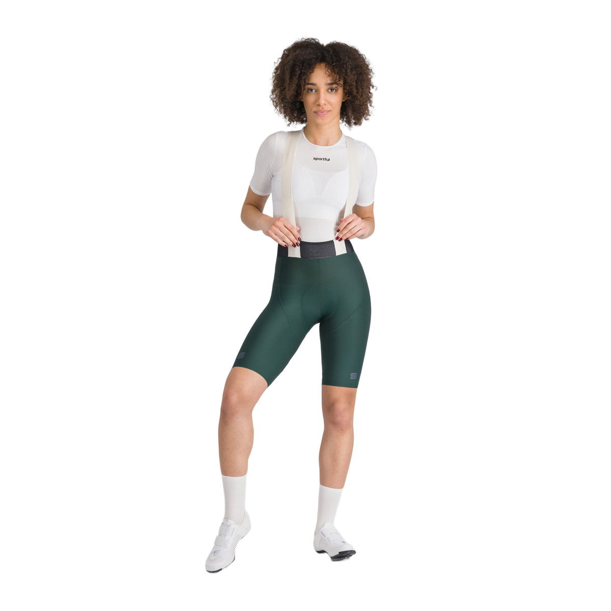 Korte fietsbroek met bretels SPORTFUL LTD 2 voor dames, kaki — witte achtergrond, 2000 x 2000