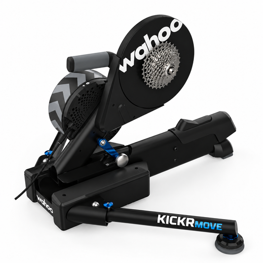 WAHOO KICKR MOVE — Volledig driekwartaanzicht met cassette
