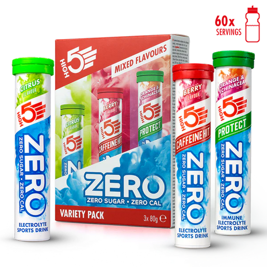 Pack Boisson Anticrampe HIGH5 ZERO VARIETY PACK (3x Tube de 20 Pastilles) Fruits Rouge Cafeine/Citron/Orange