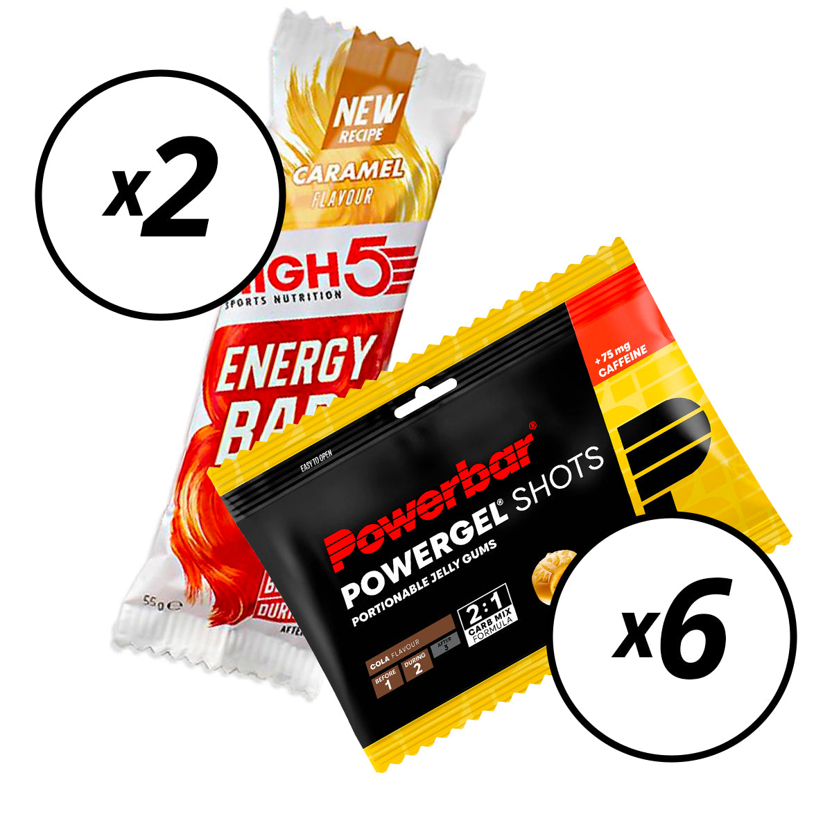 6 Bonbons POWERBAR POWERGEL Shots (60gr) Cola + 2 Barre Énergétique HIGH5 ENERGY BAR (55g) Caramel