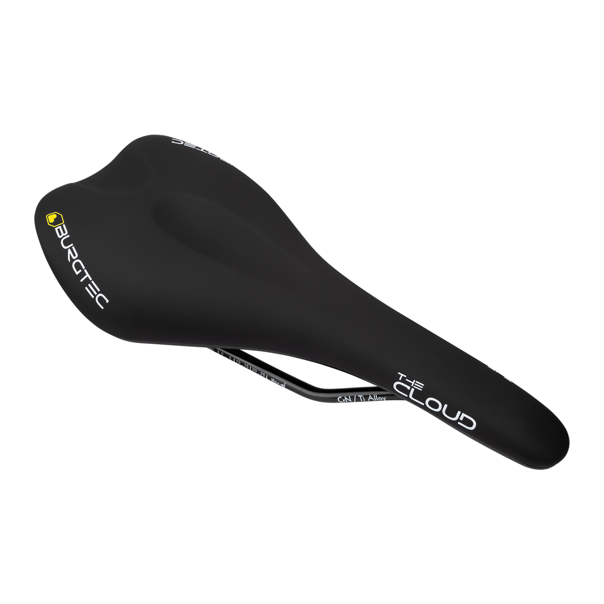 BURGTEC THE CLOUD MK2 zadel met titanium rails, zwart — driekwartaanzicht