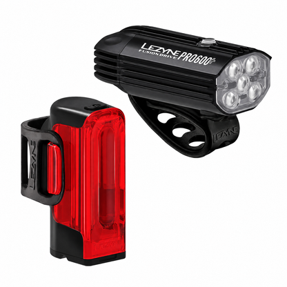 LEZYNE FUSION DRIVE PRO 600+ / STRIP DRIVE 300+ voor- en achterlicht — product op witte achtergrond