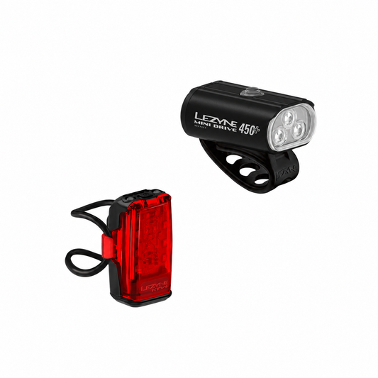 LEZYNE MINI DRIVE 450+ / KTV+ DRIVE voor- en achterlicht — producten op witte achtergrond
