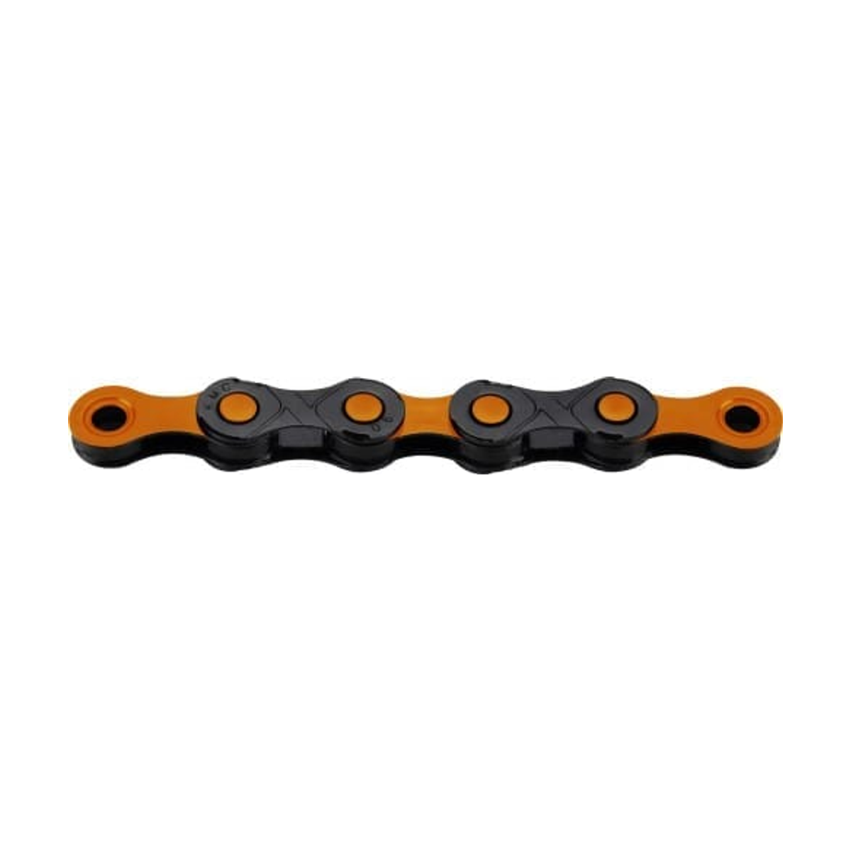 KMC 12-speed ketting DLC12 zwart/oranje — productfoto op witte achtergrond
