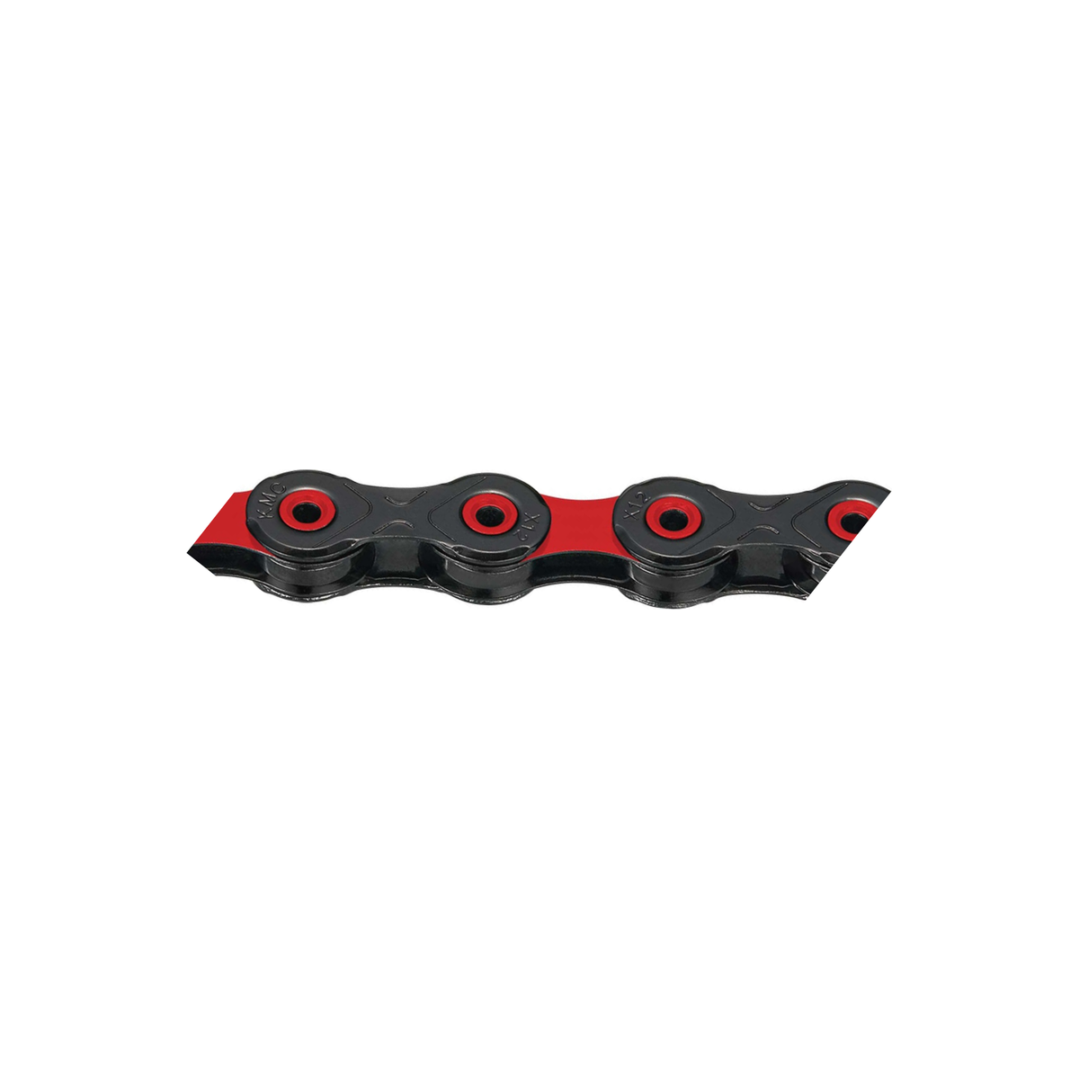 KMC 12-speed ketting DLC12 gewaxt zwart/rood met waslaag — productfoto op witte achtergrond