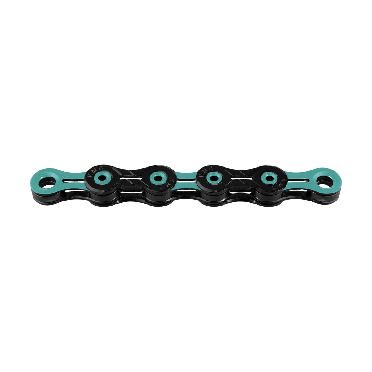 KMC 11-speed ketting DLC11 zwart/turquoise — productfoto op witte achtergrond