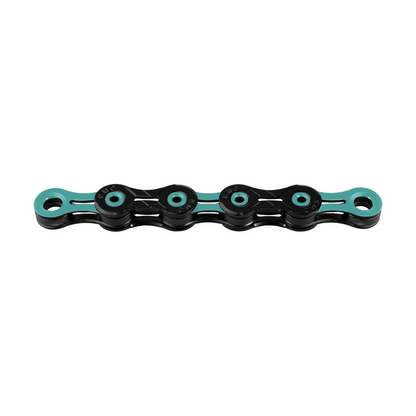 KMC 11-speed ketting DLC11 zwart/turquoise — productfoto op witte achtergrond