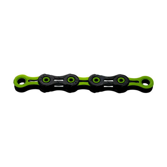 KMC 11-speed ketting DLC11 gewaxt zwart/groen met waslaag — productfoto op witte achtergrond