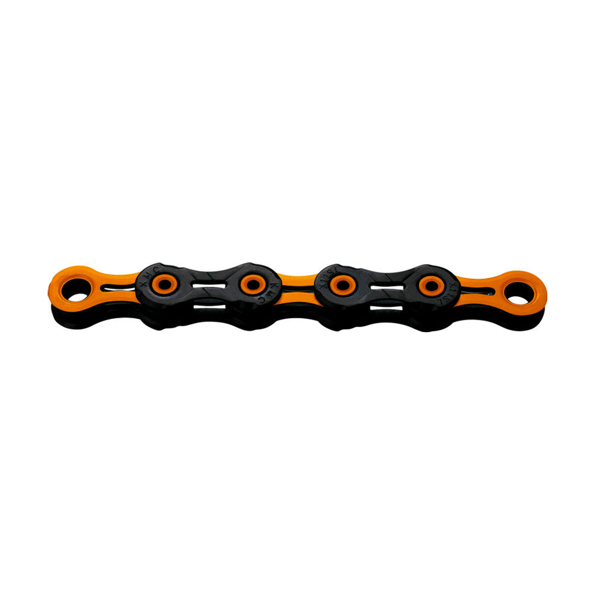 KMC 11-speed ketting DLC11 gewaxt zwart/oranje met waslaag — productfoto op witte achtergrond