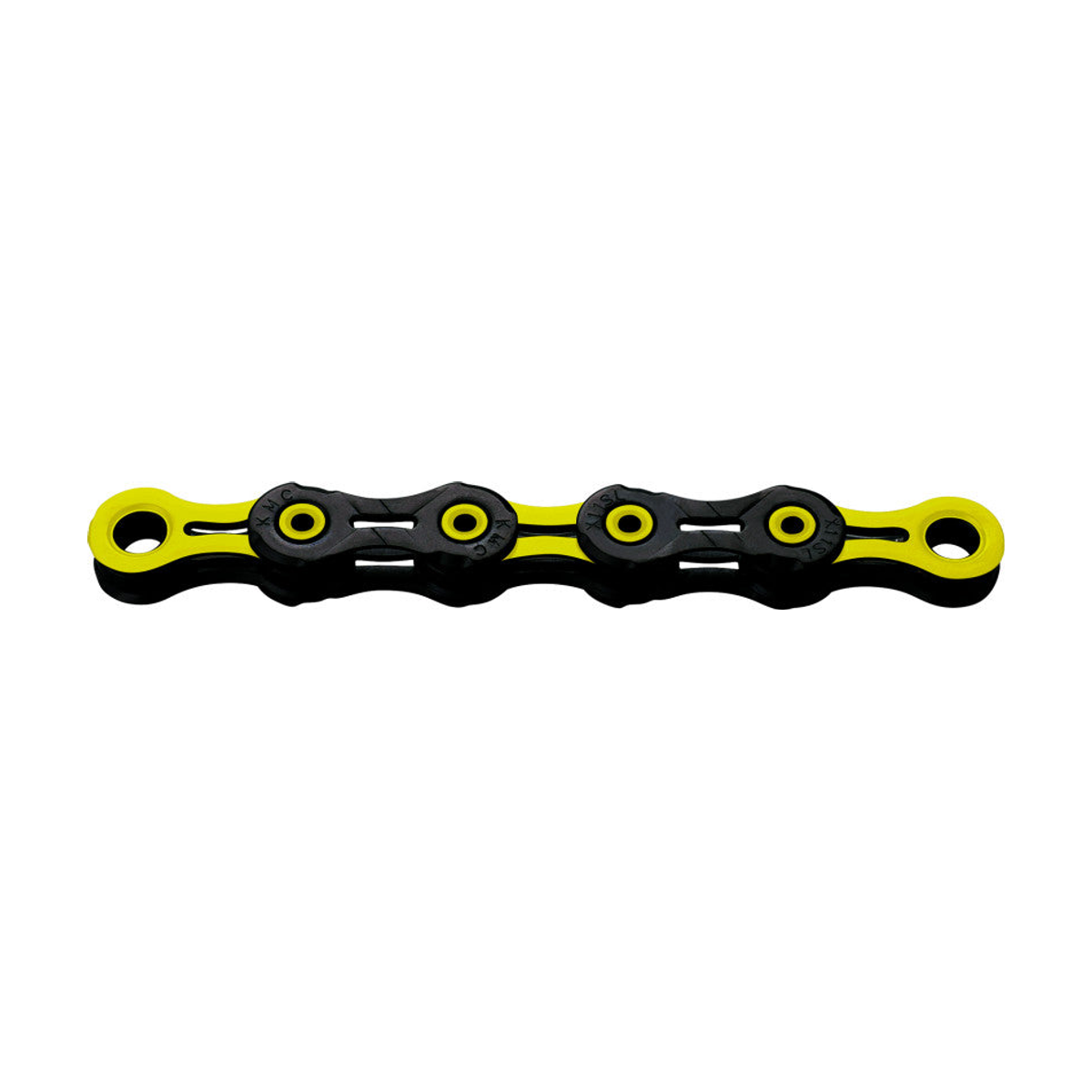 KMC 11-speed ketting DLC11 gewaxt zwart/geel met waslaag — productfoto op witte achtergrond