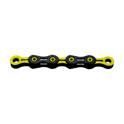 KMC 11-speed ketting DLC11 gewaxt zwart/geel met waslaag — productfoto op witte achtergrond