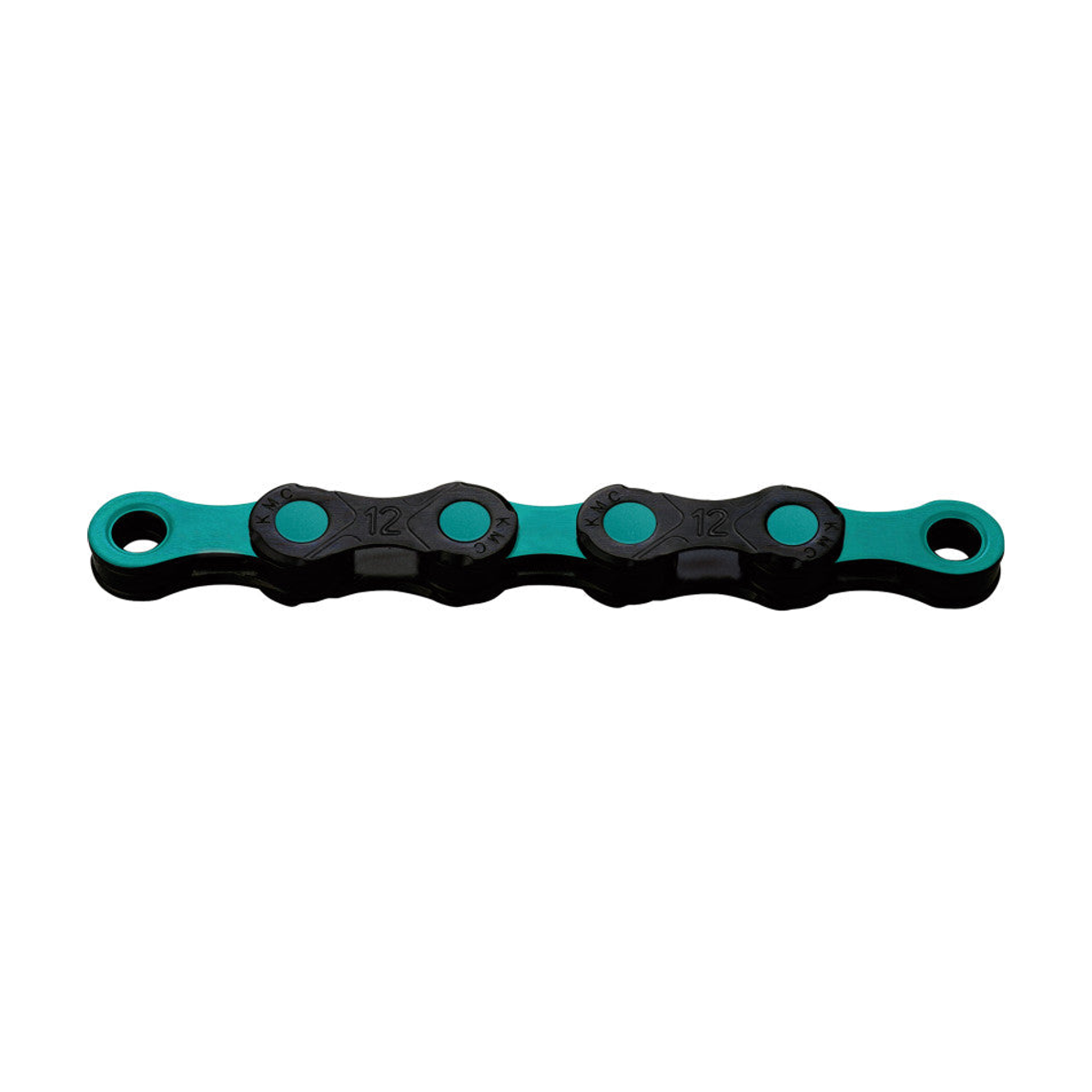 KMC 12-speed ketting DLC12 zwart/turquoise — productfoto op witte achtergrond