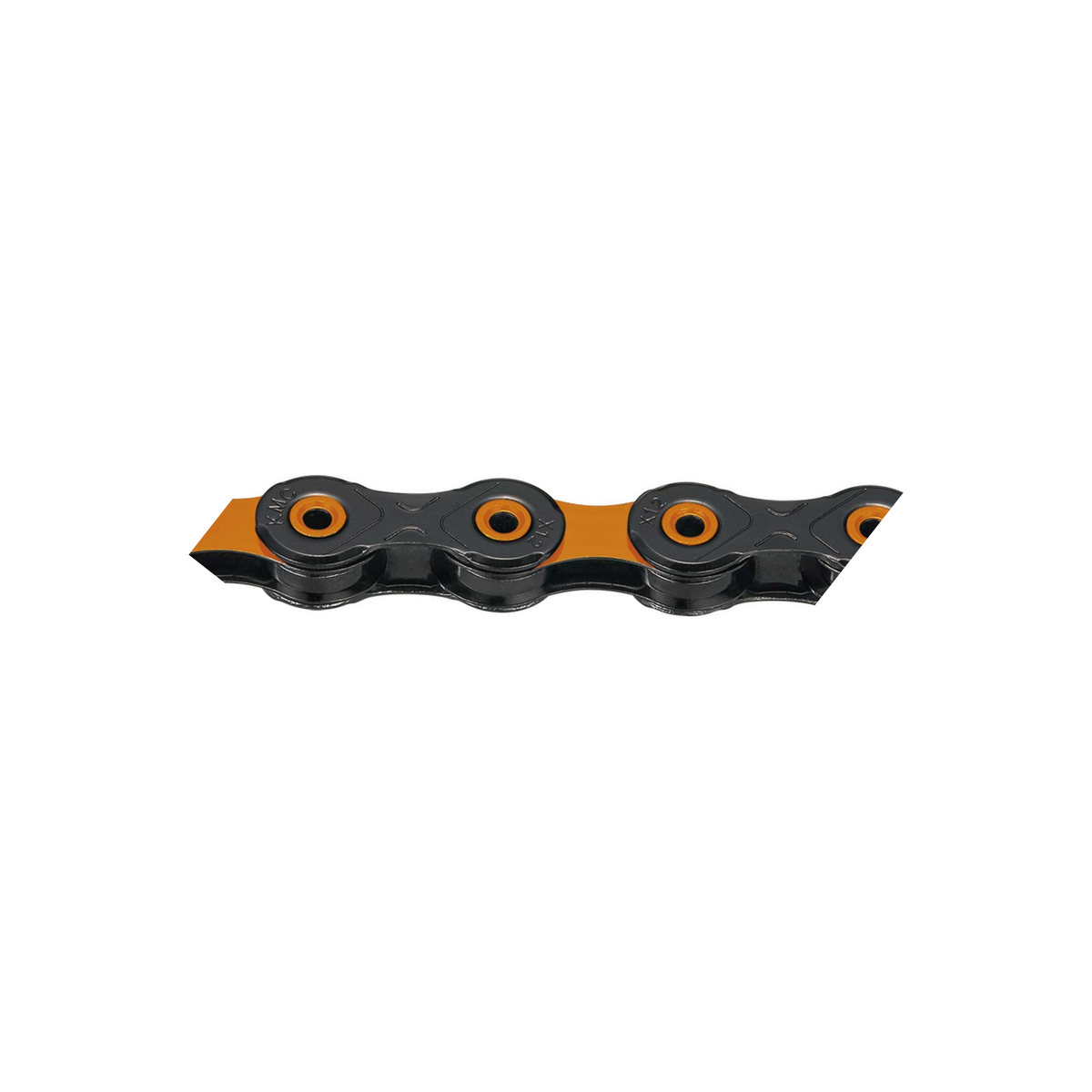 KMC 12-speed ketting DLC12 gewaxt zwart/oranje met waslaag — productfoto op witte achtergrond