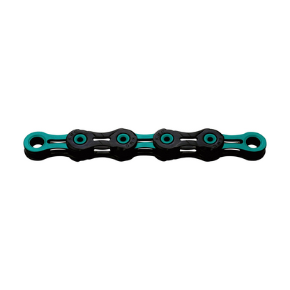 KMC 11-speed ketting DLC11 gewaxt zwart/hemelsblauw — productfoto op witte achtergrond