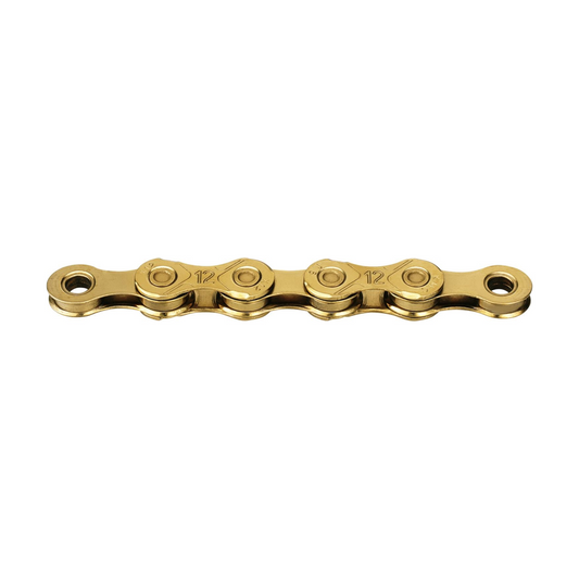 KMC X12 12-speed ketting gewaxt Ti-N goud — productfoto op witte achtergrond