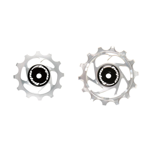 12-speed derailleurwieltjes HOPE voor Sram, 12/14 tanden, zilver — onderdeel op witte achtergrond