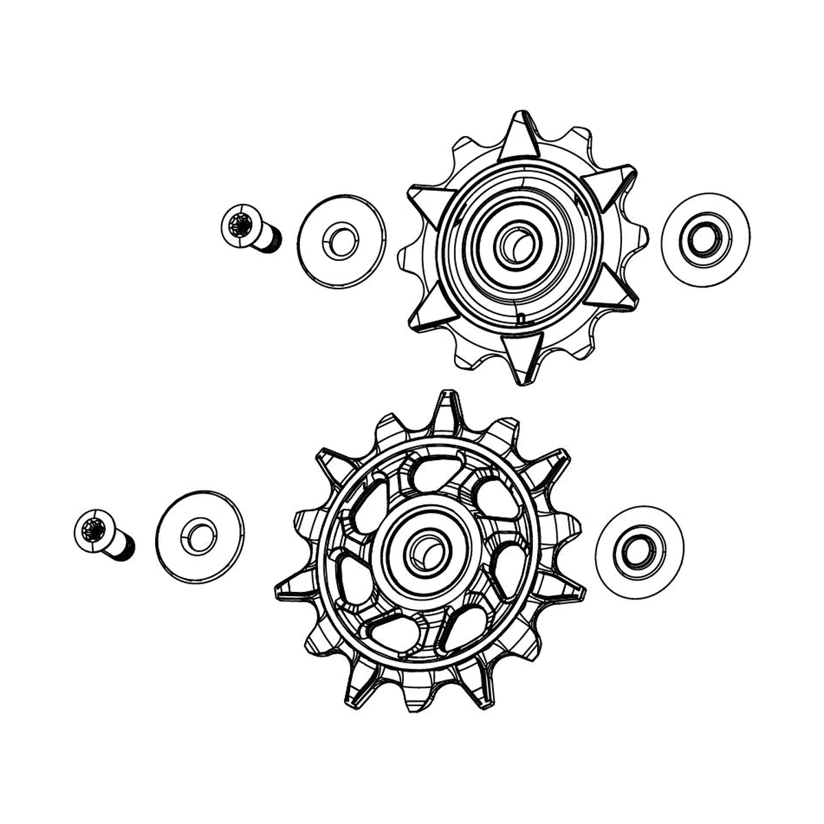 Derailleurwieltjes voor SRAM XX DH T-TYPE EAGLE AXS 7-speed achterderailleur — originele afbeelding bijgesneden op witte achtergrond