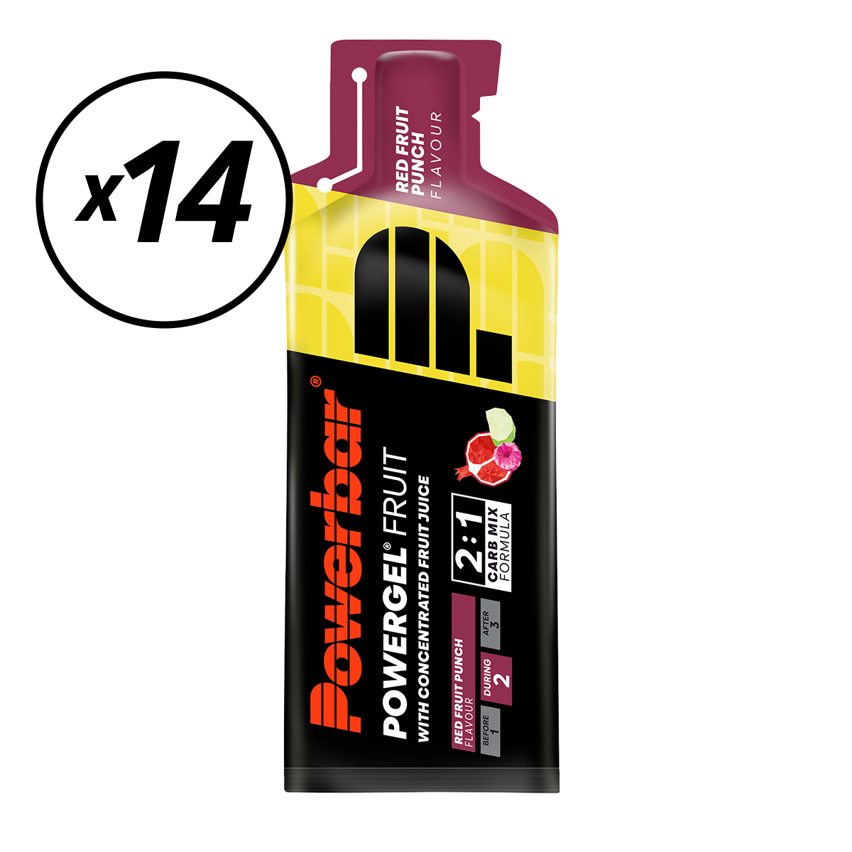 Set van 14 POWERBAR POWERGEL FRUIT Energy Gels (41gr) Rood Fruit Korte Houdbaarheidsdatum