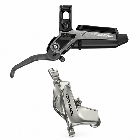 SRAM CODE ULTIMATE STEALTH-rem met metalen remblokken — remhendel en remklauw op witte achtergrond