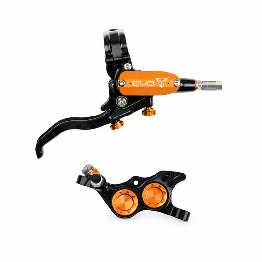 HOPE TECH 4 EVO TR4-rem zwart/oranje — remhendel en remklauw op witte achtergrond
