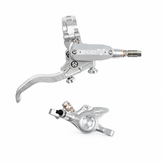 HOPE TECH 4 EVO X2 PM-rem zilver/zilver — remhendel en remklauw op witte achtergrond