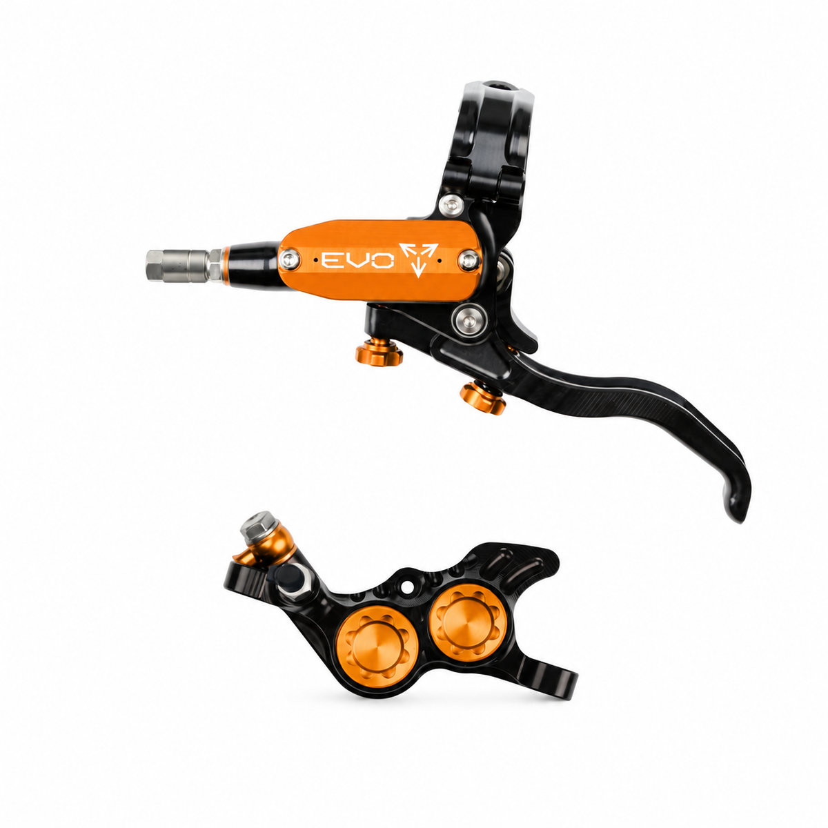 HOPE TECH 4 EVO GR4-rem zwart/oranje — remhendel en remklauw op witte achtergrond
