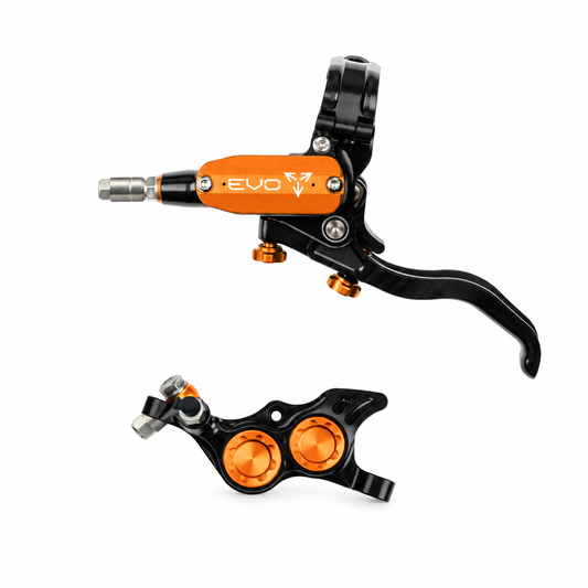 HOPE TECH 4 EVO TR4-rem zwart/oranje — remhendel en remklauw op witte achtergrond
