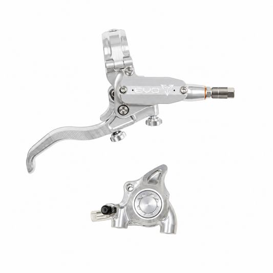 HOPE TECH 4 EVO X2 FM-rem zilver/zilver — remhendel en remklauw op witte achtergrond