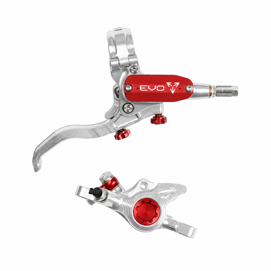 HOPE TECH 4 EVO X2 PM-rem zilver/rood — remhendel en remklauw op witte achtergrond